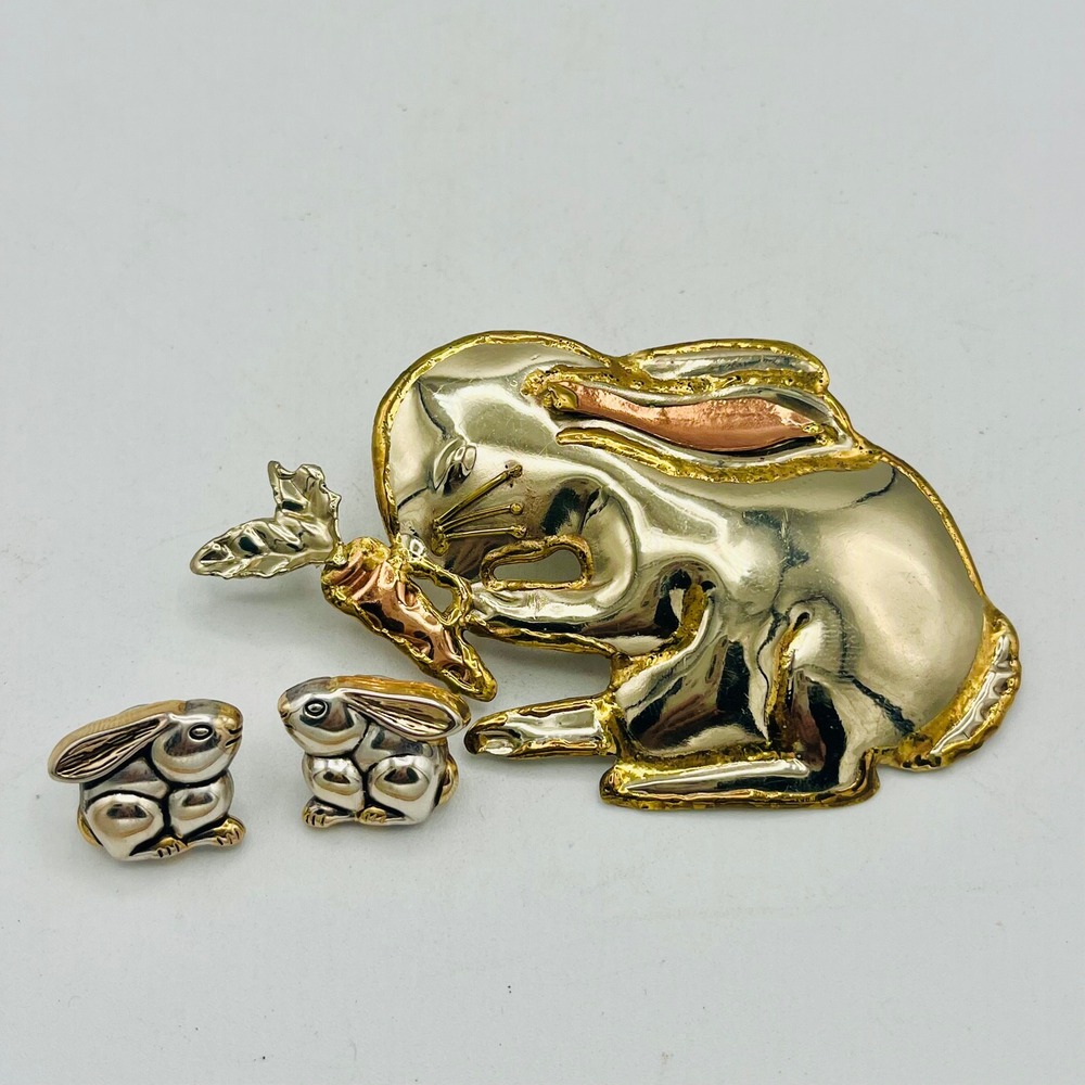 Vintage Silver Gold Bunny Rabbit Brooch Stud Earrings Set Mixed Metal Easter